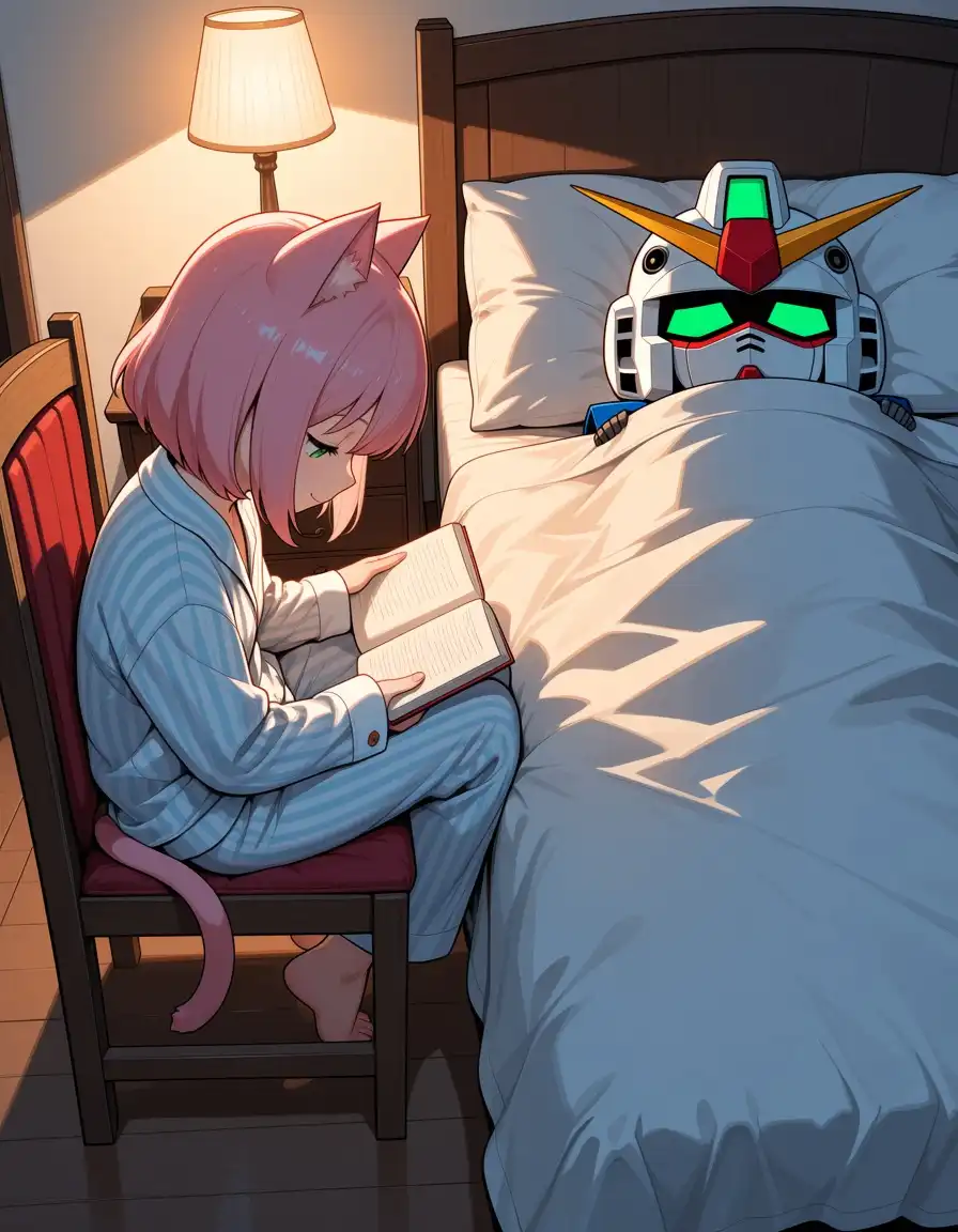 Unholy Desire Mix - Dark Serenity image: 2 characters in the picture and nobody else: a girl and a chibi robot. 1girl, robot, solo, indoors, bedroom, night, from…