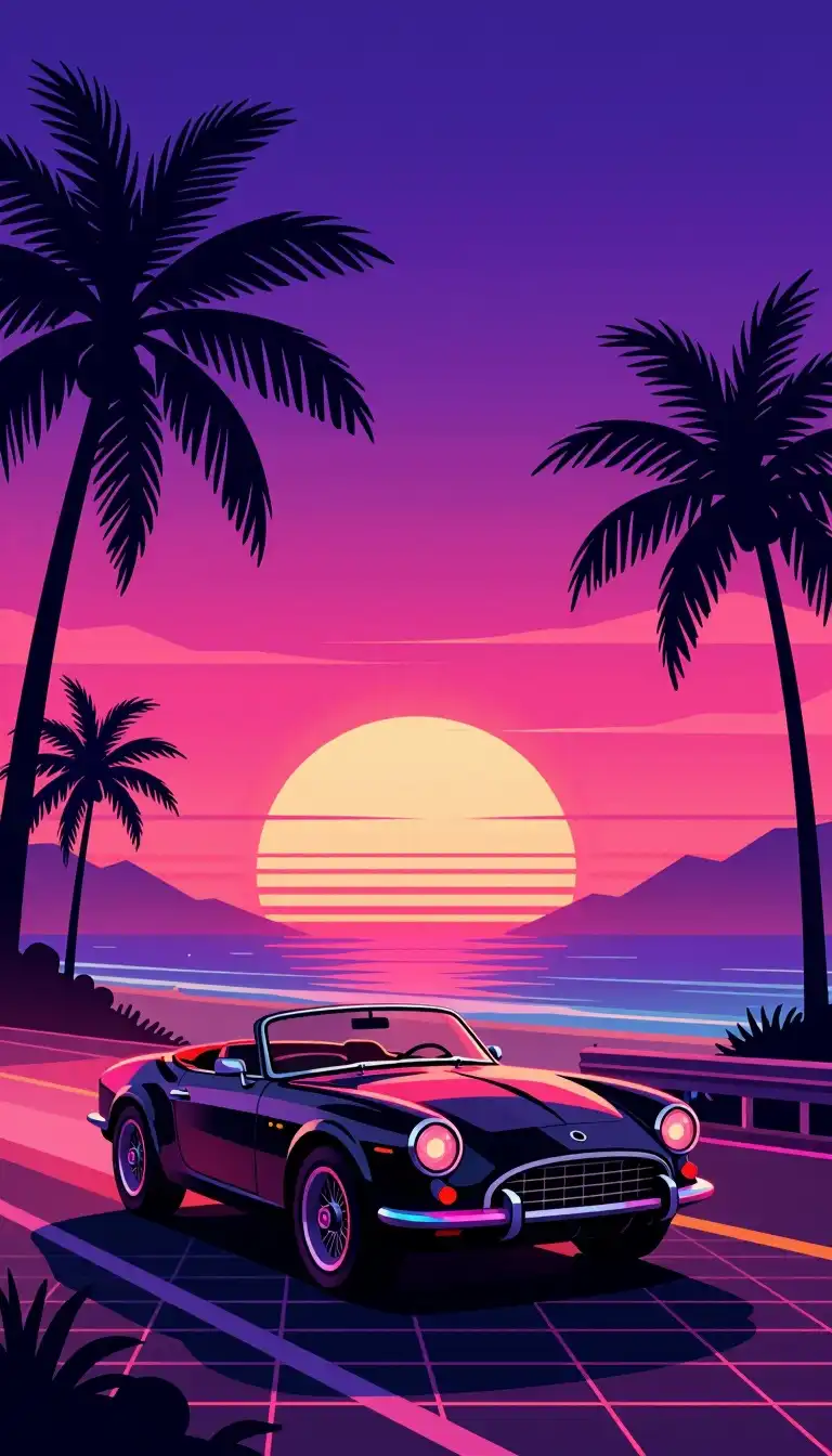 FasciumZ-Image turbo image: 1980s Synthwave vector art illustration, Outrun aesthetic. A coastal avenue next to a tropical beach at sunset. A classi…