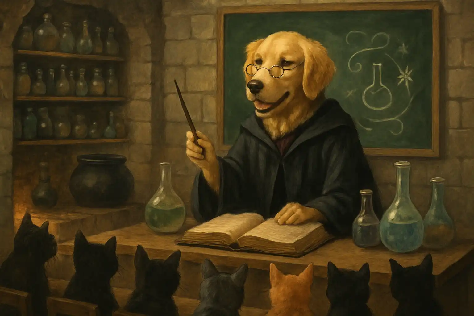 GPT Image-1 image: potions classroom background. a golden retriever, wearing wizard robes and pince-nez is teaching a classroom full of cat…