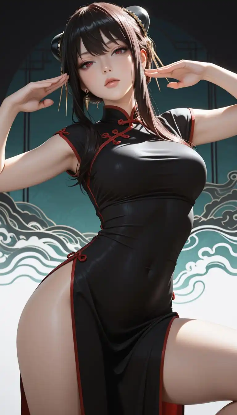 illustrijEVO image: 1girl, solo, (yor forger:1.5) from Spy x family, medium breast, black chinese dress, fighting pose, Seductive, volumetri…