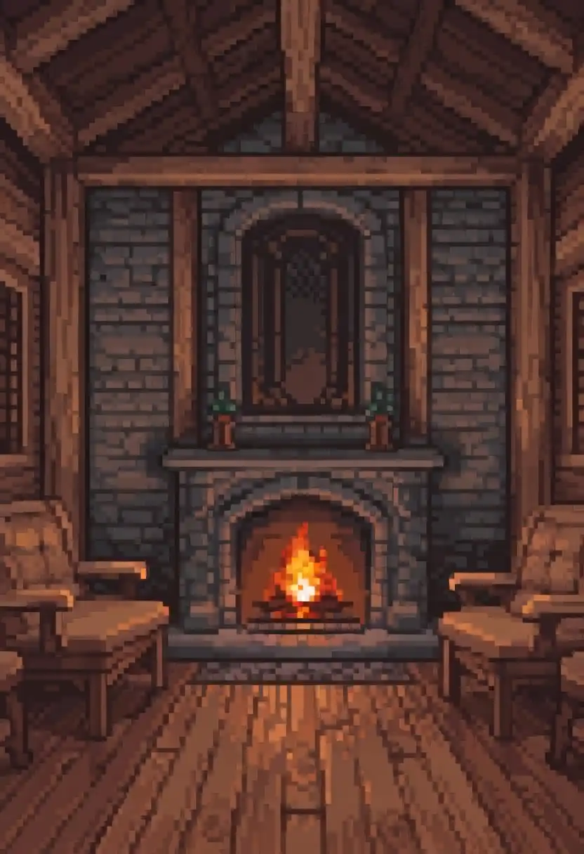 Nova Pixels XL image: cozy tavern interior, fireplace, wooden tables, adventurers drinking