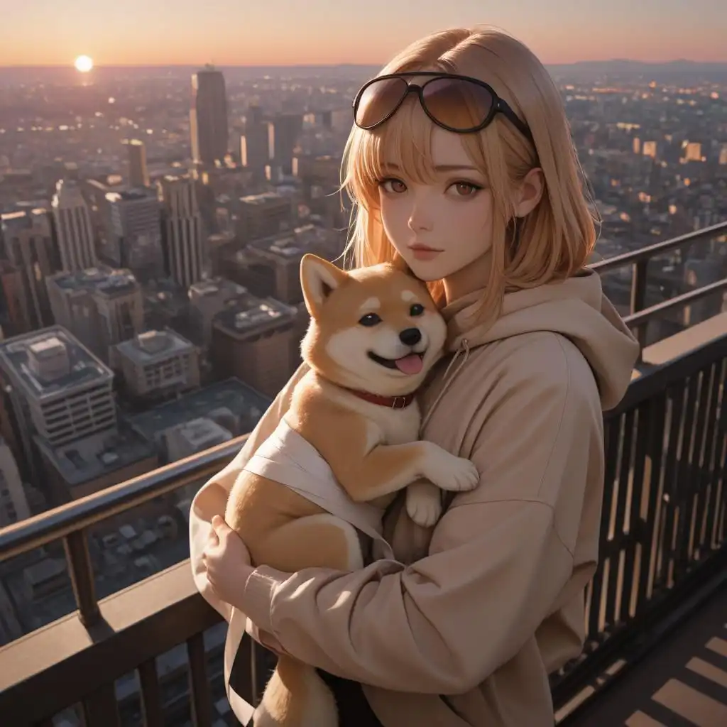 Shiba Inu puppy wearing wrap-around shades, rooftop city view at golden hour, urban cinematic look