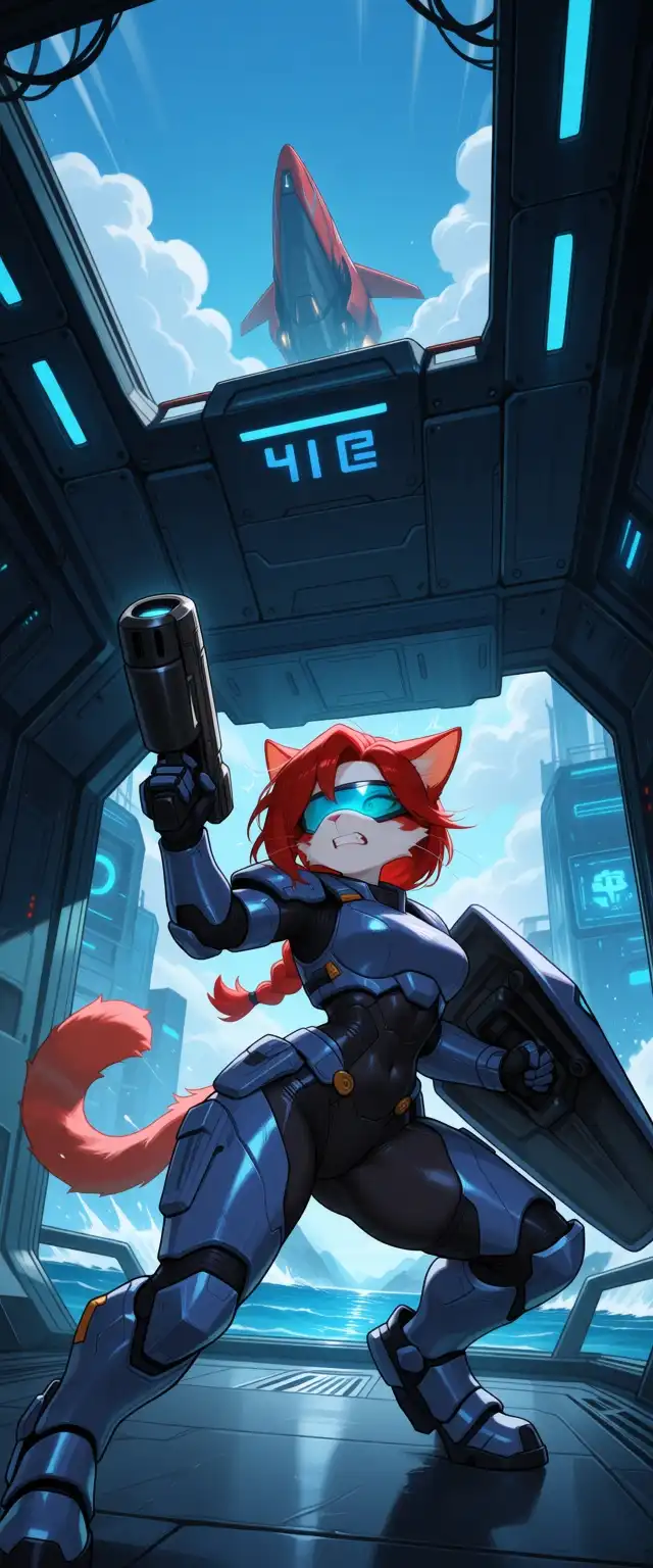Nova Furry AM image: Female cat, red hair, braid, alien ship, cyber warrior, power armor, hand cannon shot, she raised her shield to deflect …