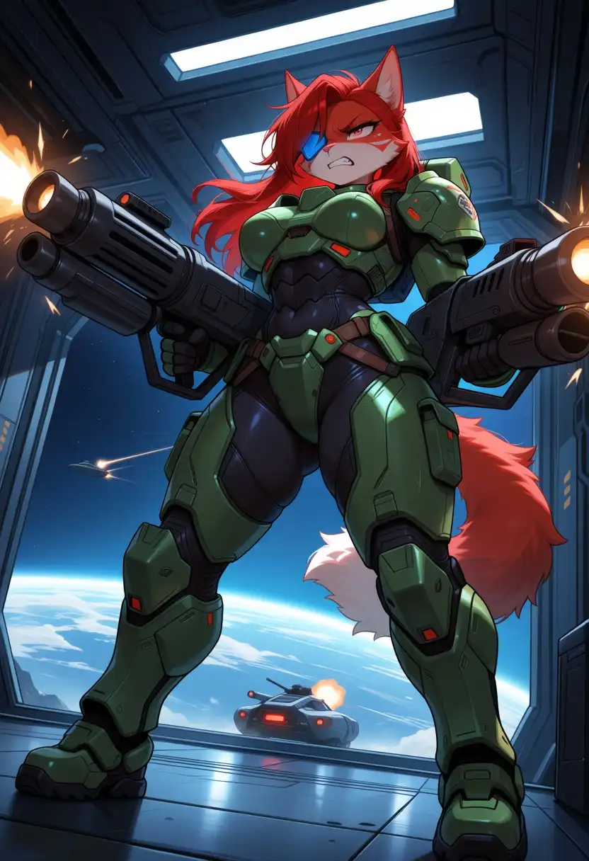 Nova Furry AM image: Female cat, red hair, space ship, cyber warrior, power armor, Gatling, shoot, rage, visor on one eye