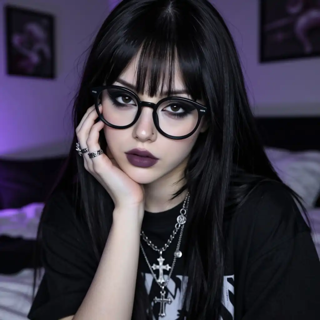 Moody Mix image: A striking young woman with long, straight jet-black hair and full blunt bangs, porcelain-pale skin, sharp almond-shaped…