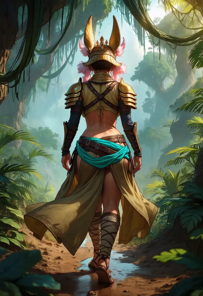 illustraVERSA image: A cinematic, over-the-shoulder third-person view focused on a female hunter facing away from the viewer, exploring a den…