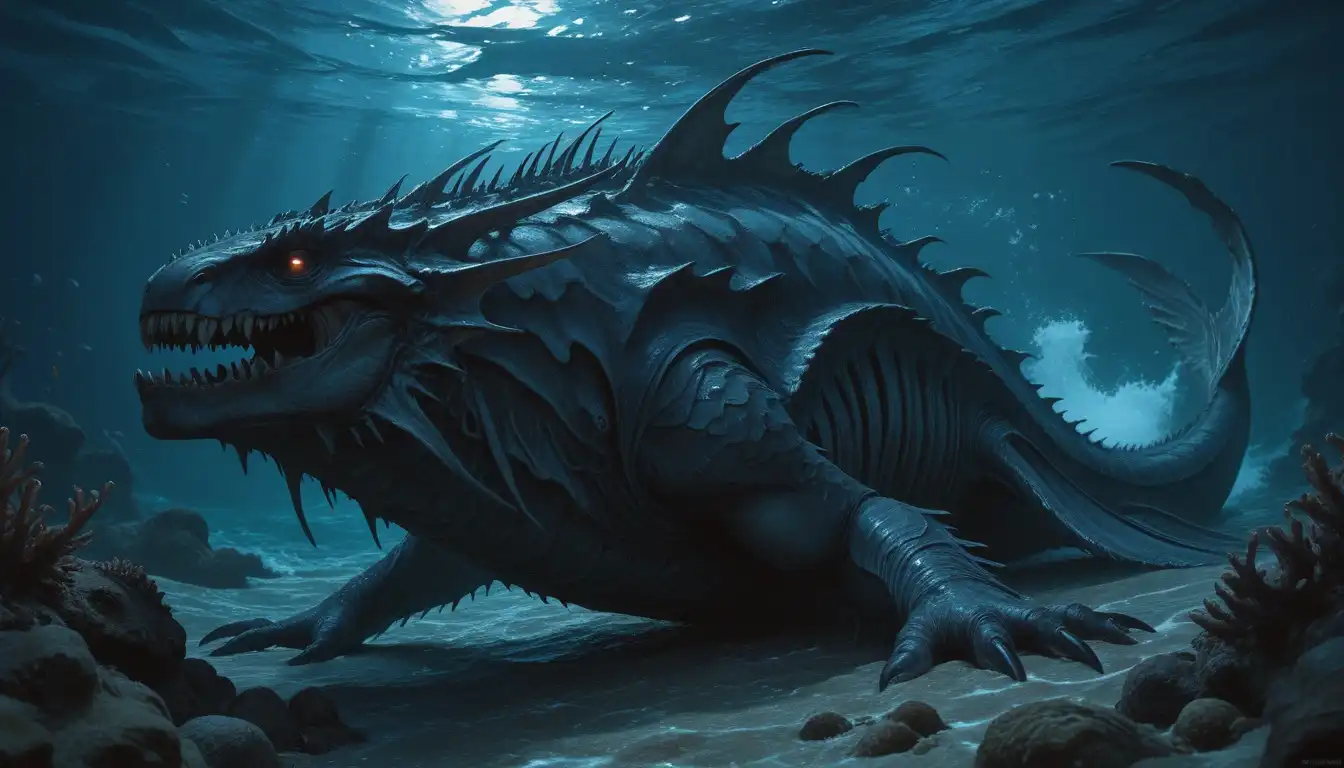 CyberIllustrious Semi-Realistic image: sea, dark fantasy, long sea monster, tempest sea, deep sea under water