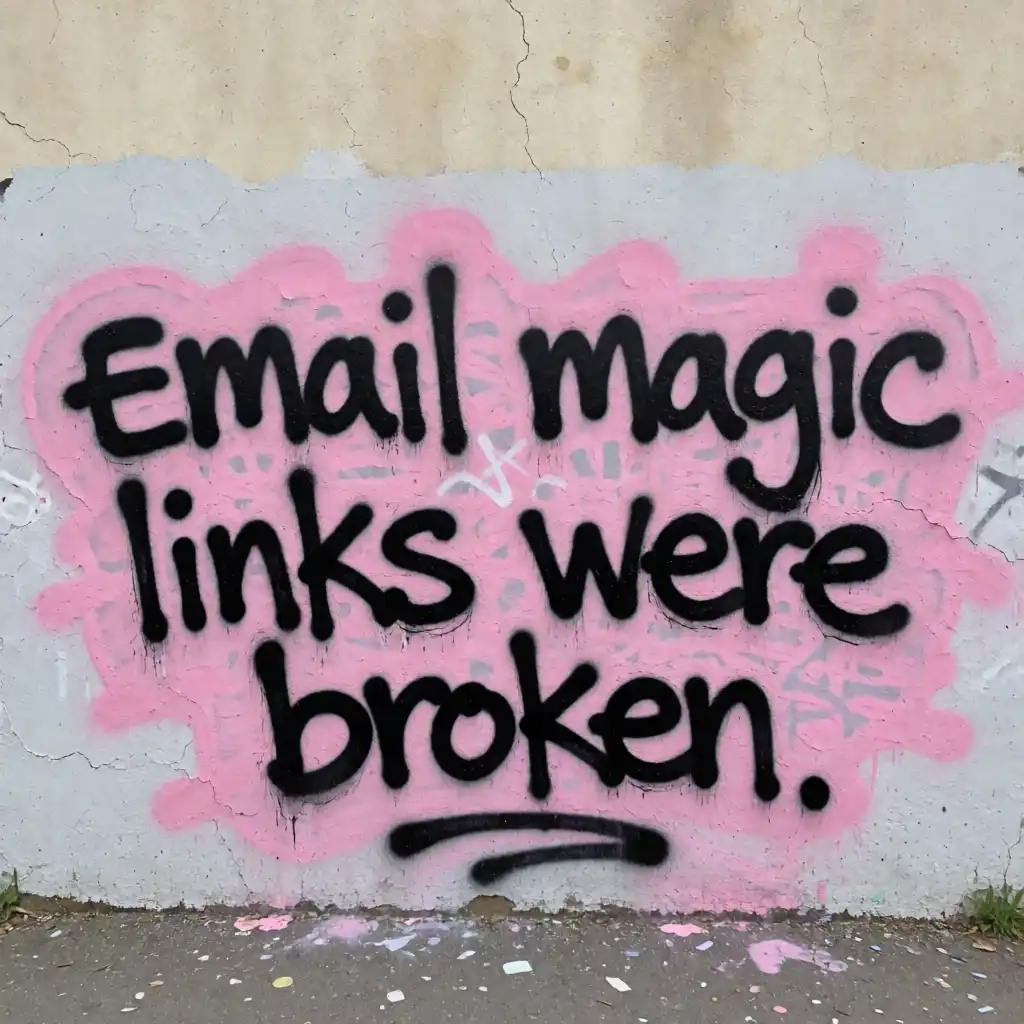 Krea 2 Turbo image: Graffiti on a wall that reads: email magic links were broken