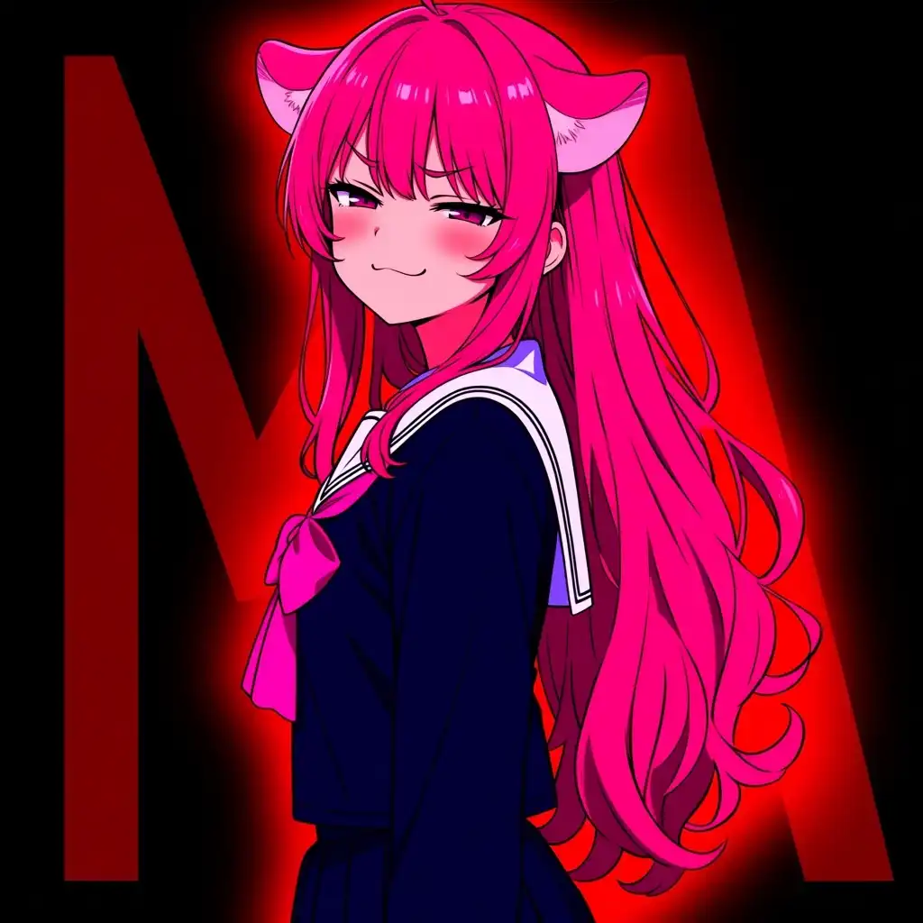 AnimaYume image: Anime-style illustration of a young woman with long, wavy pink hair cascading over her shoulders and down her back, soft…