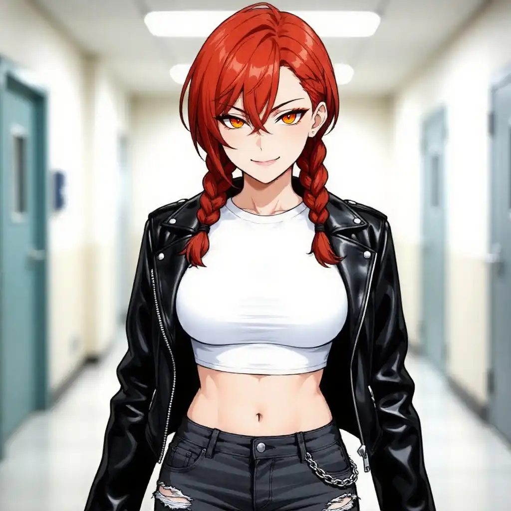 RedCraft DPO image: An anime-style illustration of a woman with a smug expression, braides red hair, and sharp vibrant orange eyes. She is w…