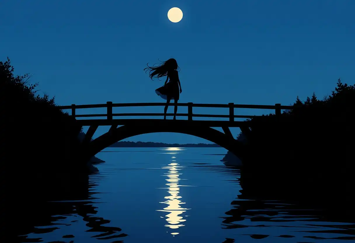 Anima Base image: The dark silhouette of a girl, long flowing hair, a light summer dress, night, a full moon, a clear sky; the girl is sta…
