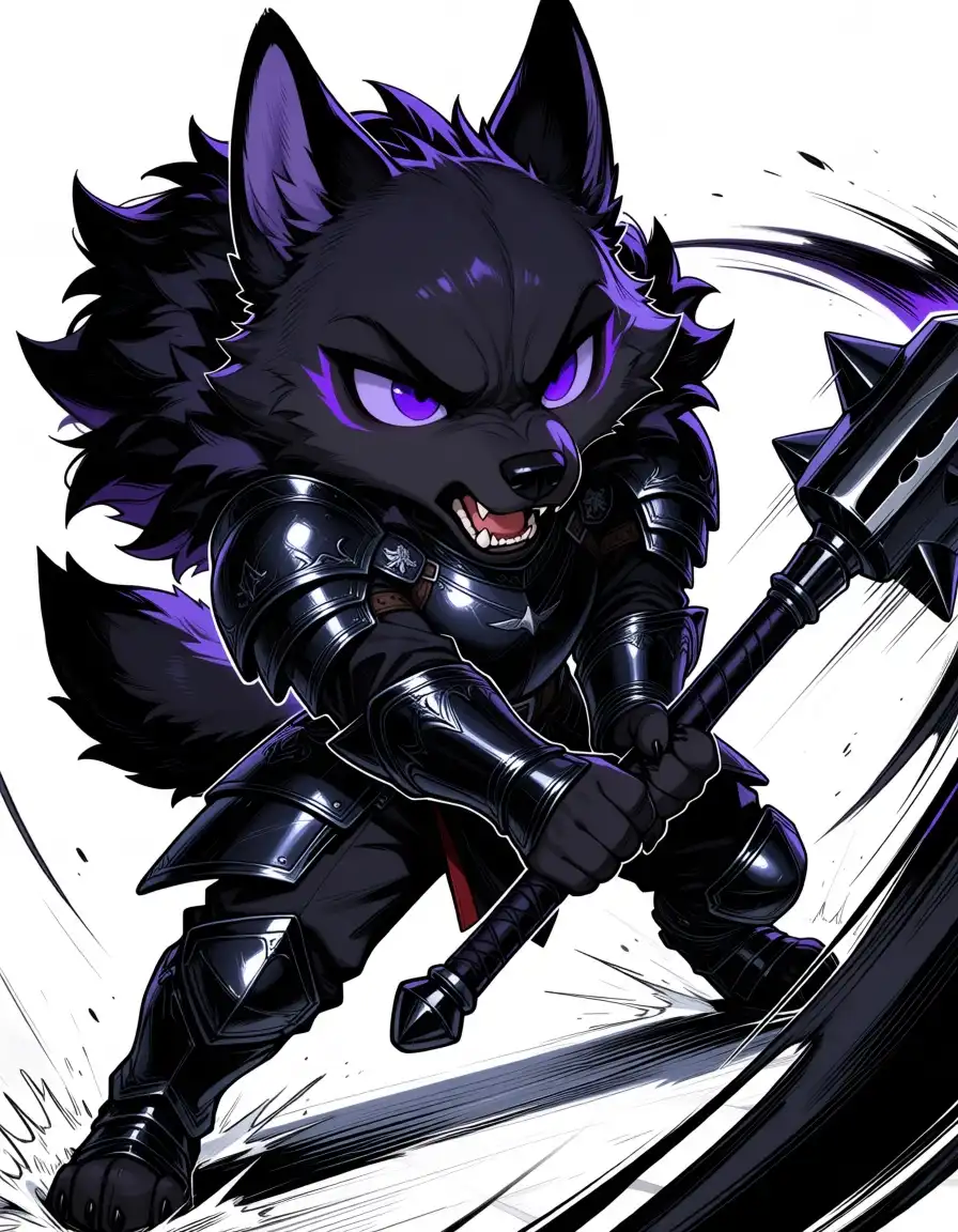 Nova Furry AM image: male, wolf, anthro, cute , chibi, black fur with purple highlights, dark shadow plate armour, brutal two handed mace, dy…