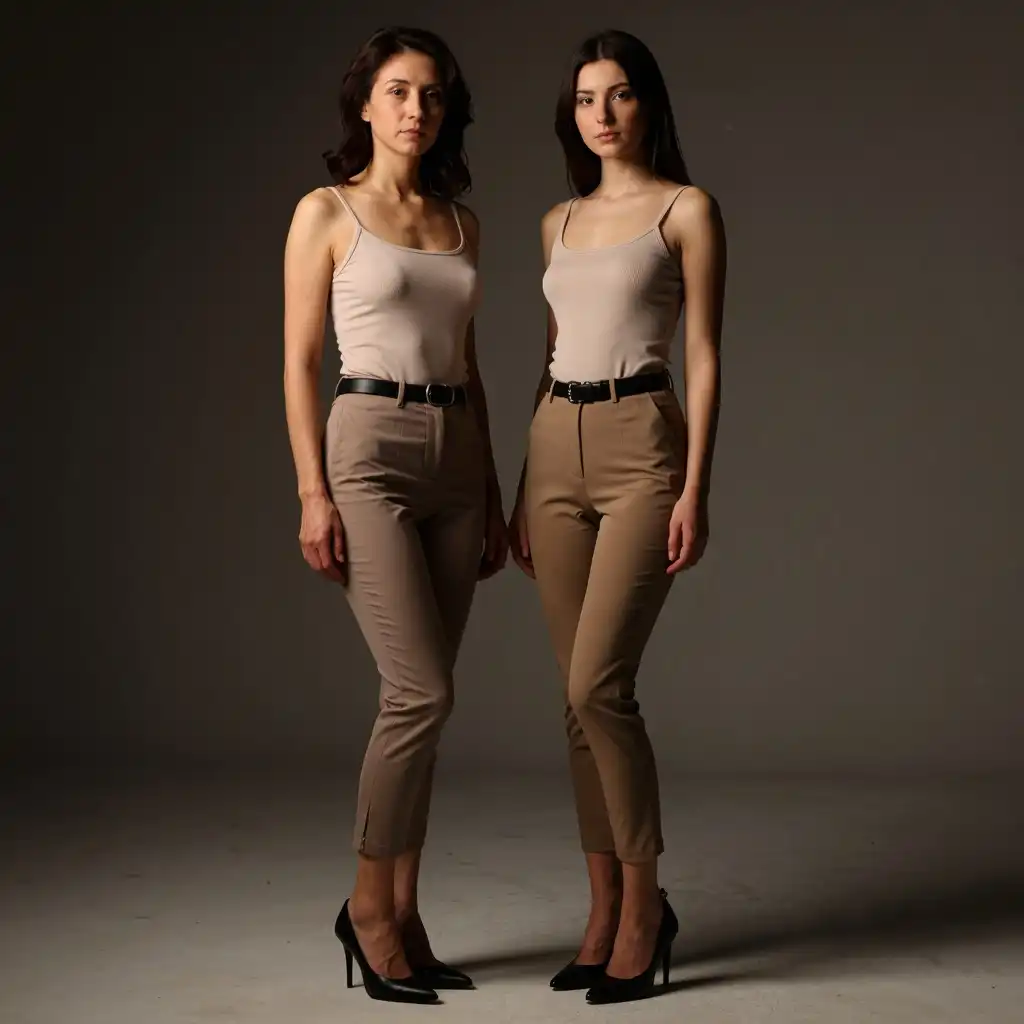 CyberRealistic Z-Image Turbo image: do not change any of the details of their faces or their clothing. the woman on the left is 55 years old, slim, petite, …