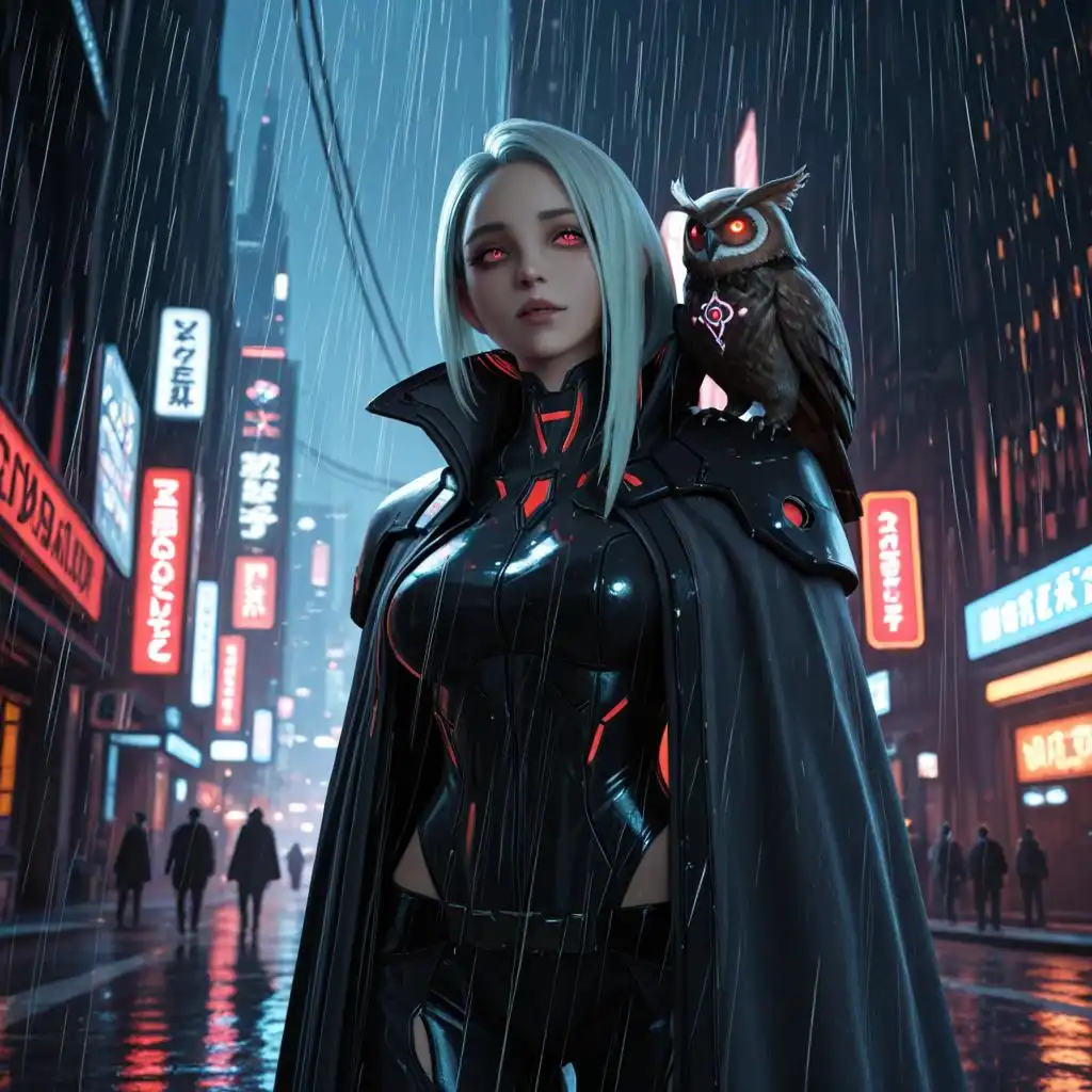 Nova 3DCG XL image: A cyberpunk witch, adorned with glowing cybernetic implants and a cloak woven from fiber optics, conjures a digital spel…
