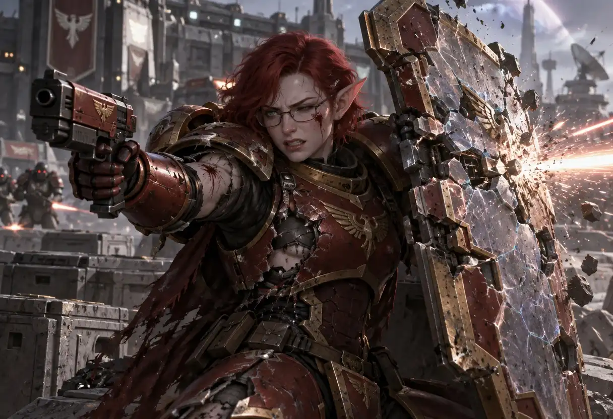 GPT Image-2.5 Sunburst image: Female elf, red short hair, glasses, future base scenario, red and gold power armor, armor torn apart, she raised her sh…
