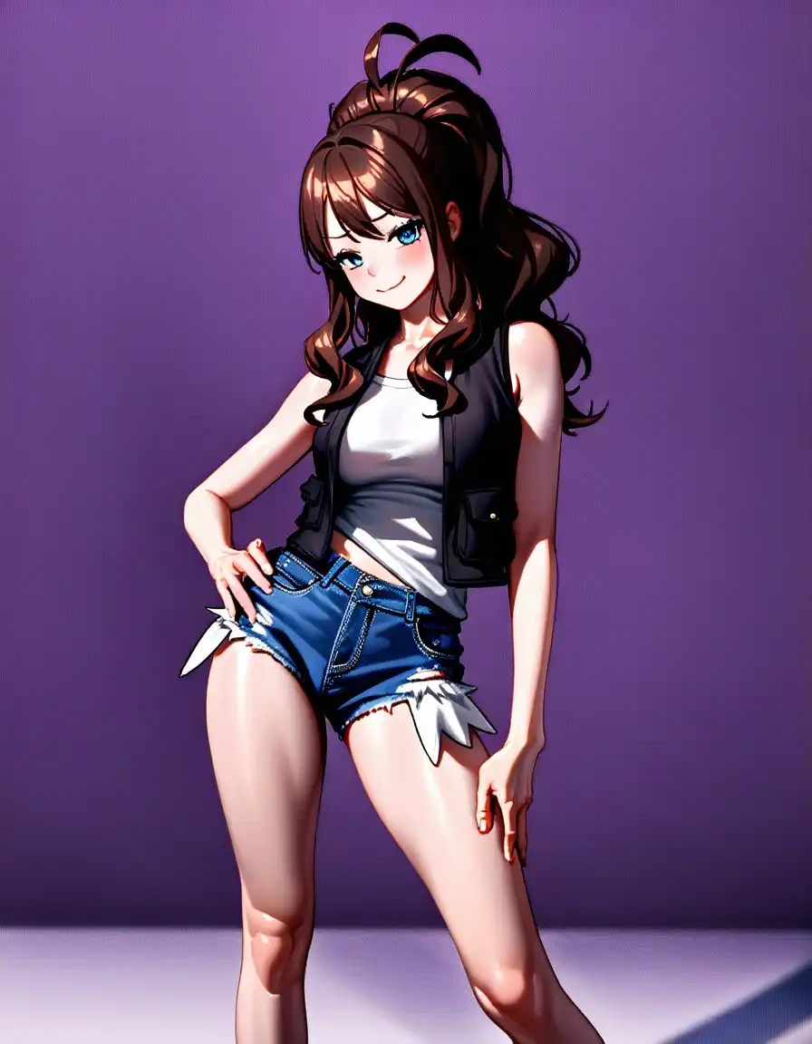 RouWei image: best quality, masterpiece, by otokakoto BREAK 1girl, solo, hilda \(pokemon\), brown hair, long hair, blue eyes, large br…