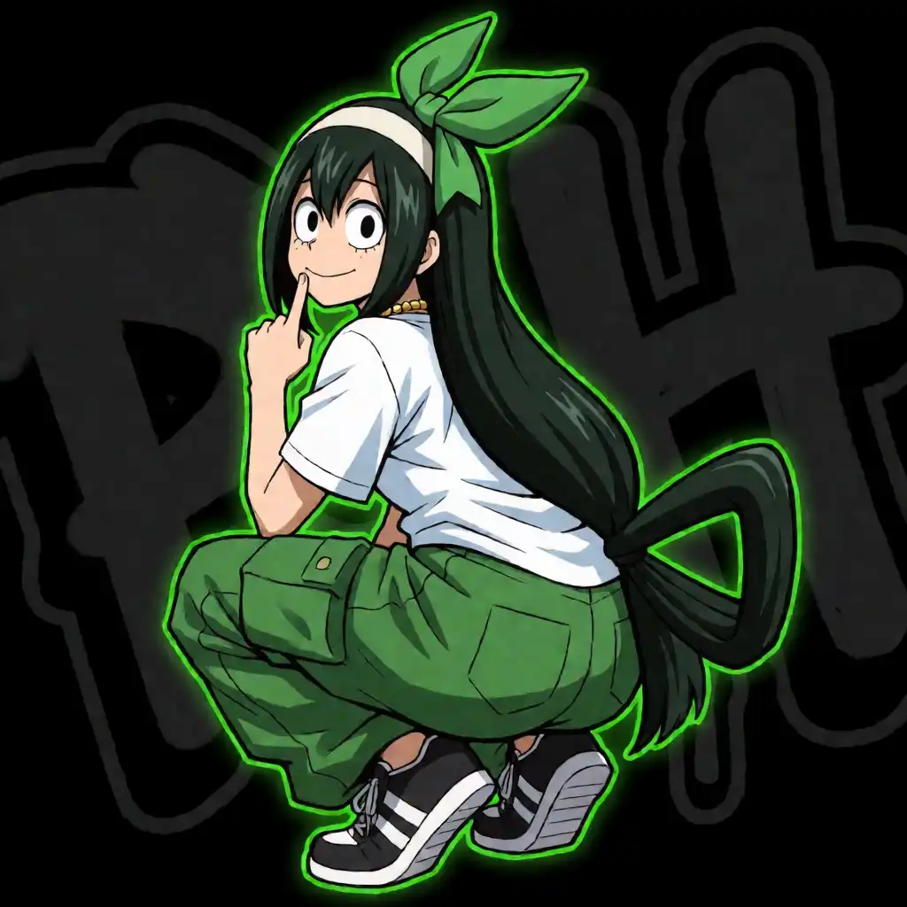 Krea 2 Turbo image: Tsuyu Asui, My Hero Academia, rear three-quarter view, deep squat pose looking back, finger on lips, huge exaggerated th…