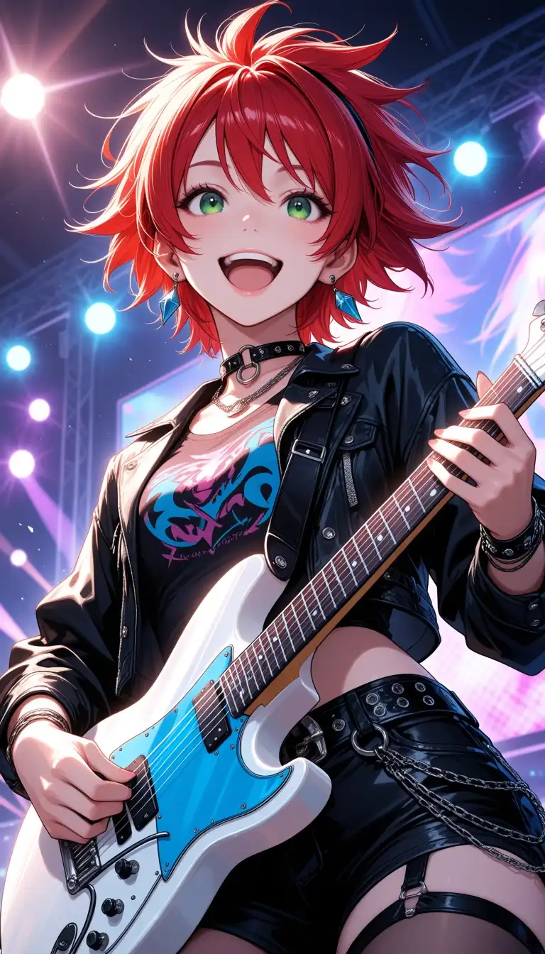 Unholy Desire Mix - Dark Serenity image: stunning rock musician girl, short spiky red hair, green eyes, white and blue electric guitar, performing on vibrant sun…