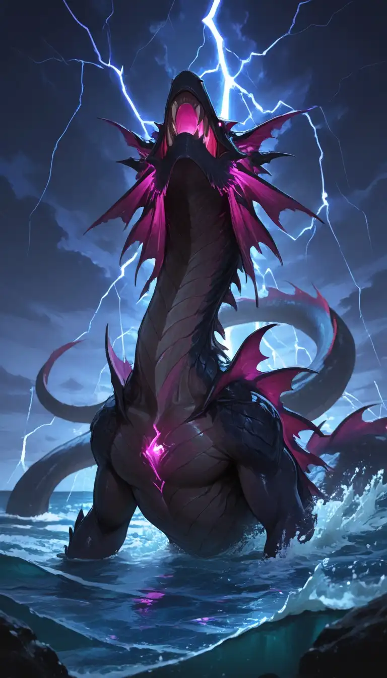 PerfectDeliberate-Anime image: fantasy, long serpent sea monster, tempest, ocean, fangs, emerging from the ocean during a storm, lightning, scales, cre…