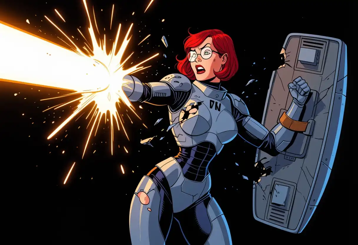 Kraken NOIR image: Female elf, red short hair, glasses, alien ship, cyber warrior, power armor, hit by a huge cannon shot, her armor was to…