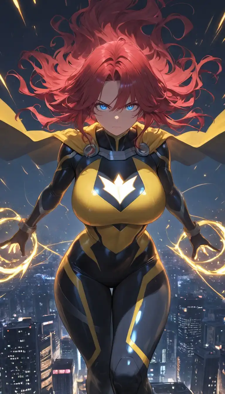 Unholy Desire Mix - Sinister Aesthetic image: 1girl, long wavy red hair, blue eyes, serious face, gorgeous body, big breasts, wearing tight superhero blue and yellow …