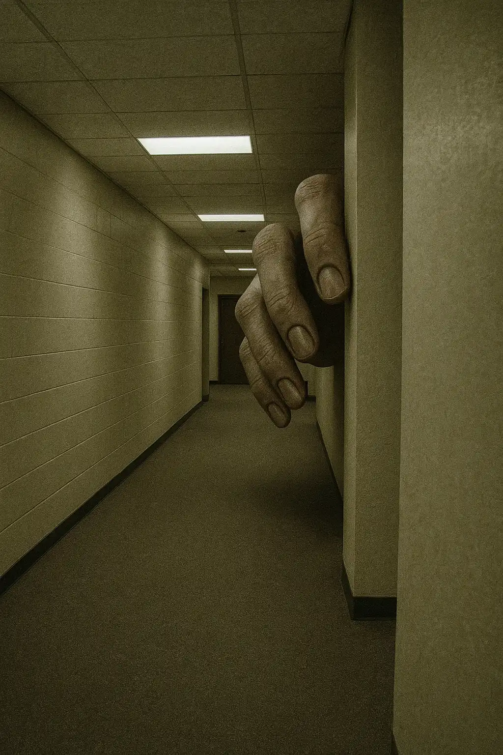 GPT Image-1 image: Liminal space files, giant hand the size of a car depicted peaking around a corner at the subject from a distance with a…