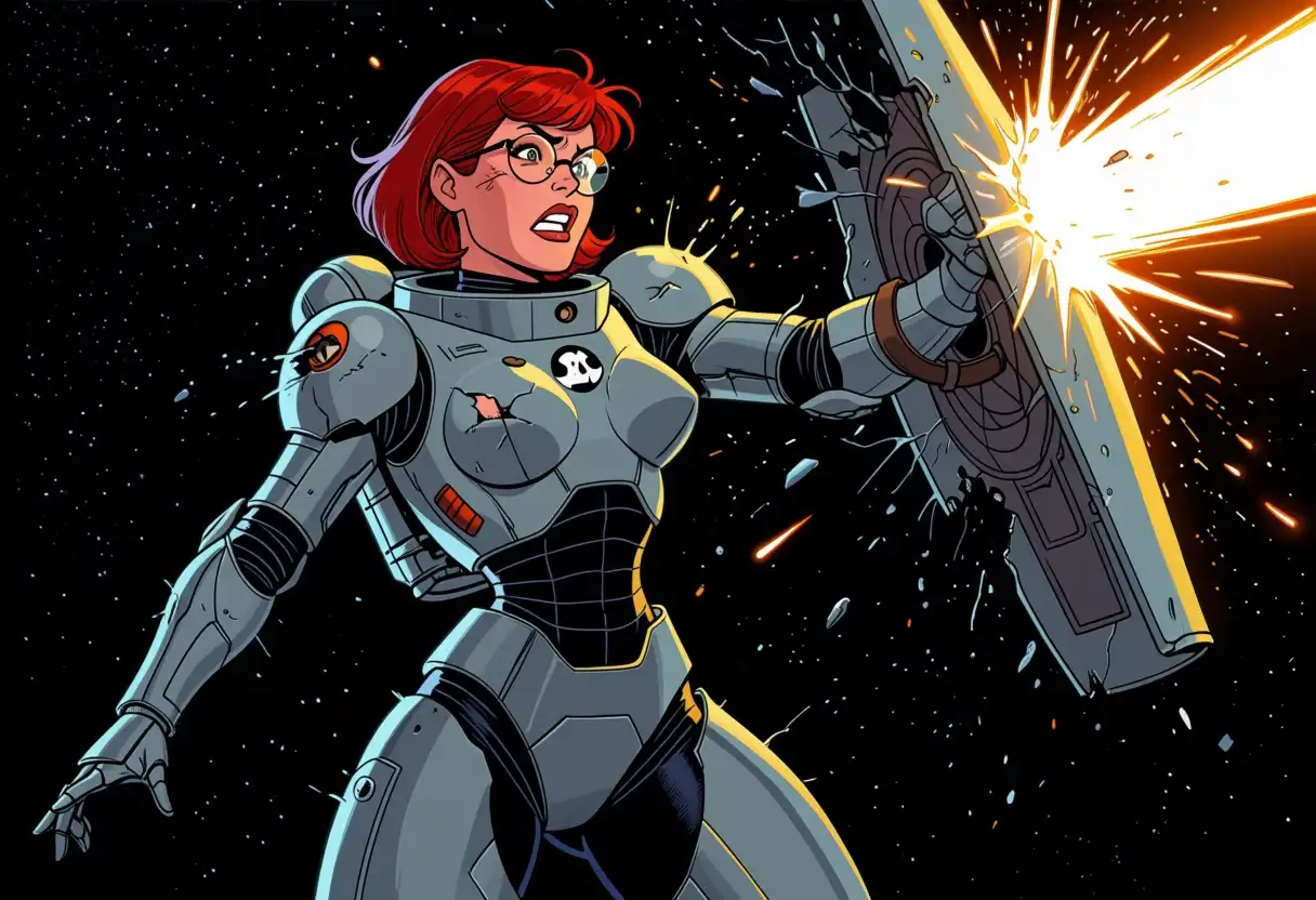 Kraken NOIR image: Female elf, red short hair, glasses, space ship scenario, power armor, armor torn apart, she raised her shield to deflec…