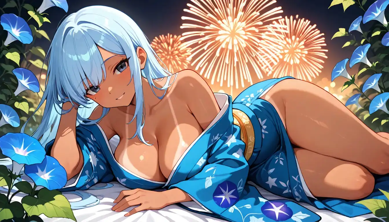 Nova Anime XL image: Very detailed style, masterpiece, 1 woman, soft gentle smile, tanned skin, long straight light blue hair and bangs swept…