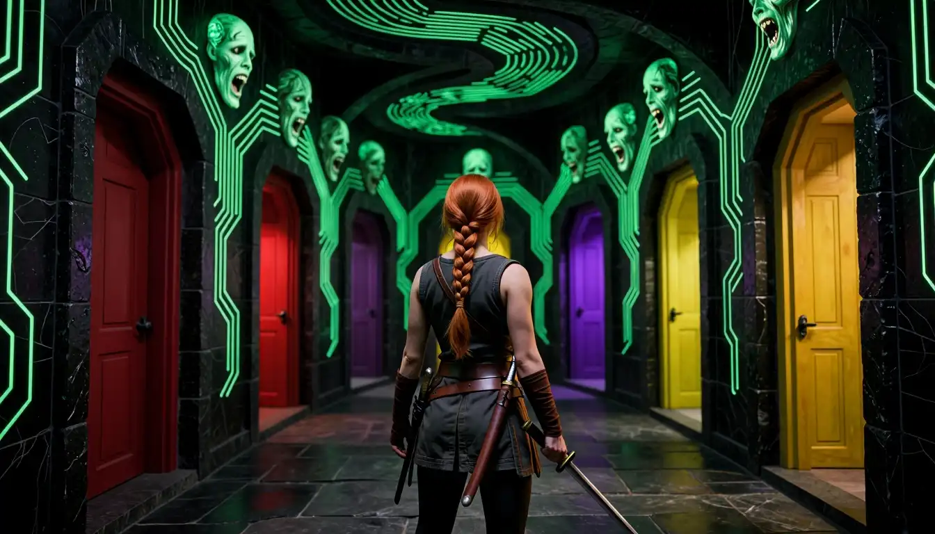 FasciumZ-Image turbo image: A lone female adventurer with long auburn hair in a tight braid, clad in dark leggings and tunic with a leather belt hol…
