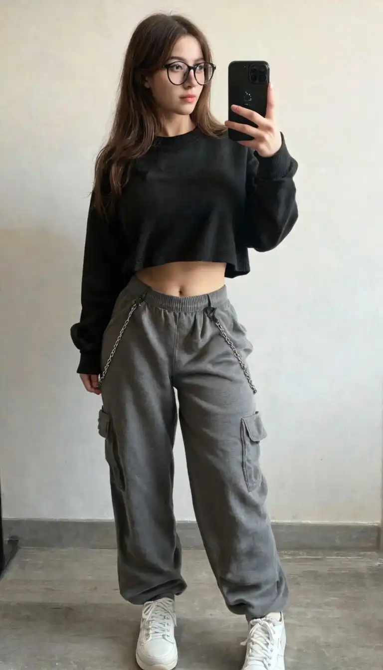 Real Dream image: european girl with brown long hair, taking a selfie, natural post, baggy croptop, baggy gray joggings, chains on the sid…