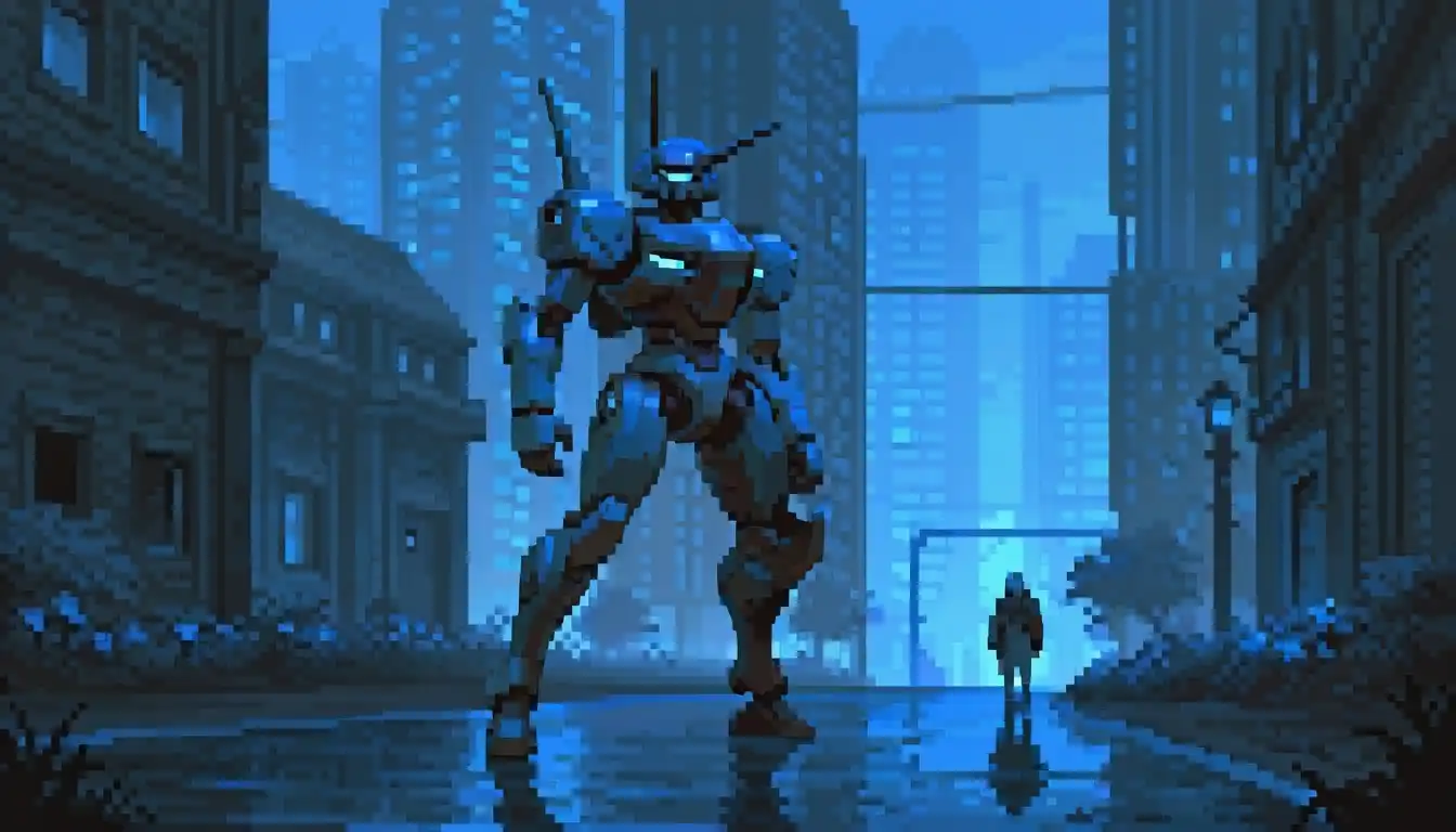 Nova Pixels XL image: Cyberpunk city bathed in blue light, flowers in mechanic walking pots sit in the widows. The atmosphere is dim. Inbetwee…