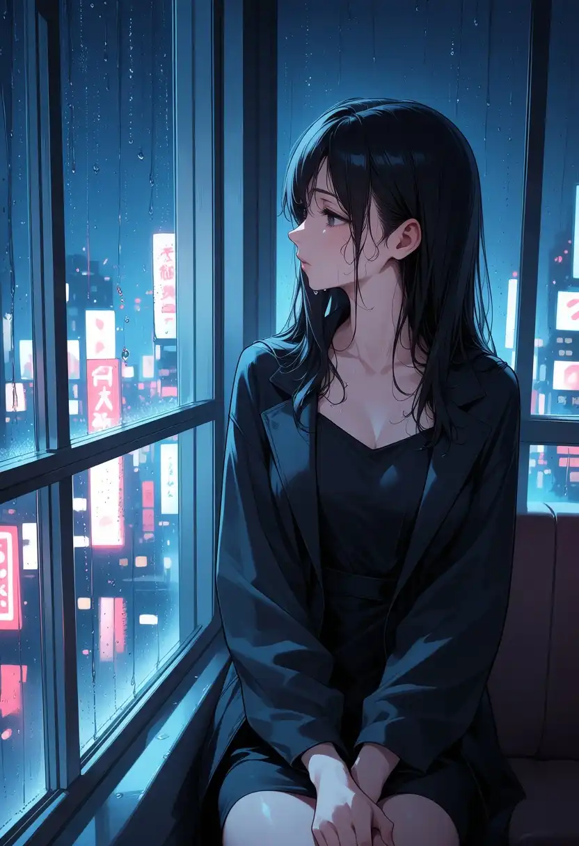 Anima Base image: Beautiful anime-realism femme fatale woman sitting beside a rain-covered window at midnight, looking away from the camer…