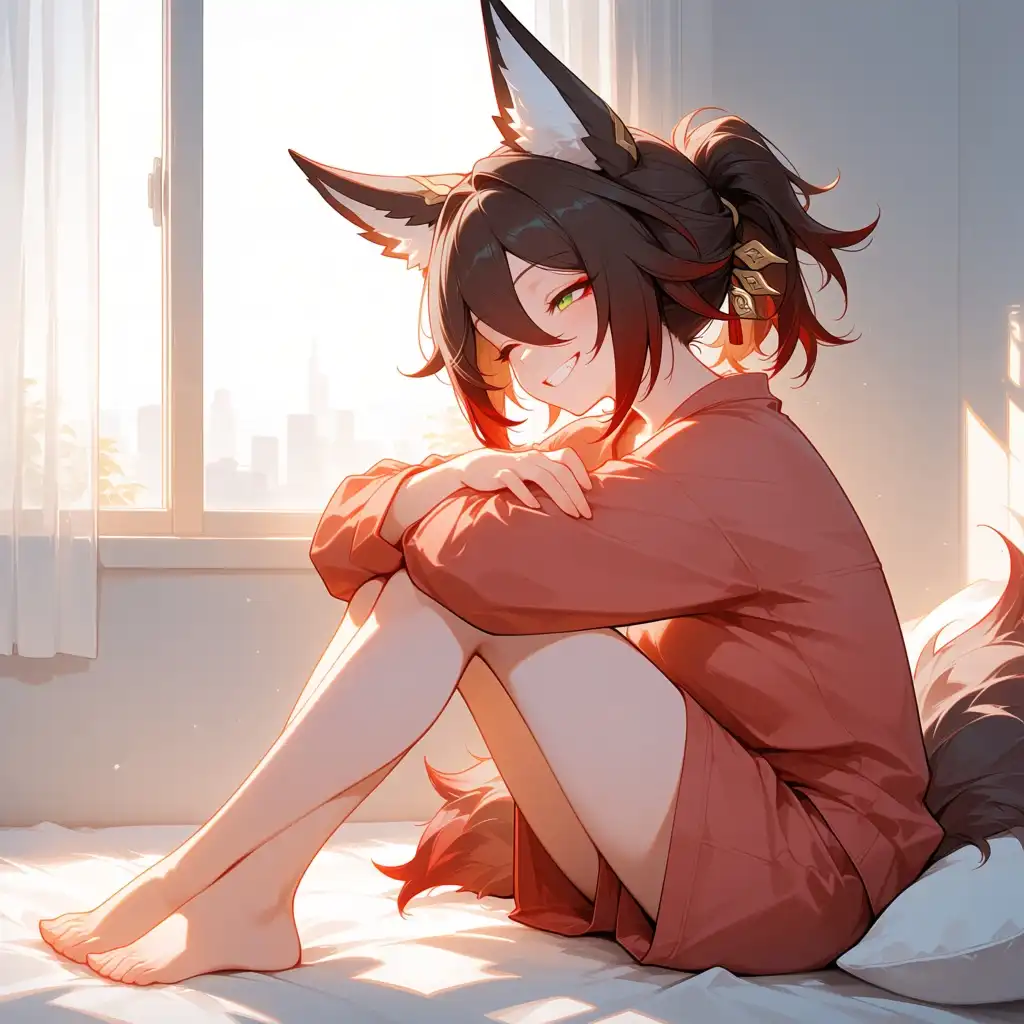 Hassaku (Anima) image: 1girl, Tingyun from Honkai Star Rail, sitting on knees, quarter side profile, bare feet, morning lighting, ecstatic smil…