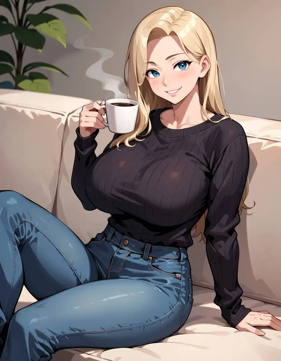 Anima Turbo image: sexy curvy gorgeous mature female blonde milf with long hair and blue eyes with large perfect breasts wearing sweater an…