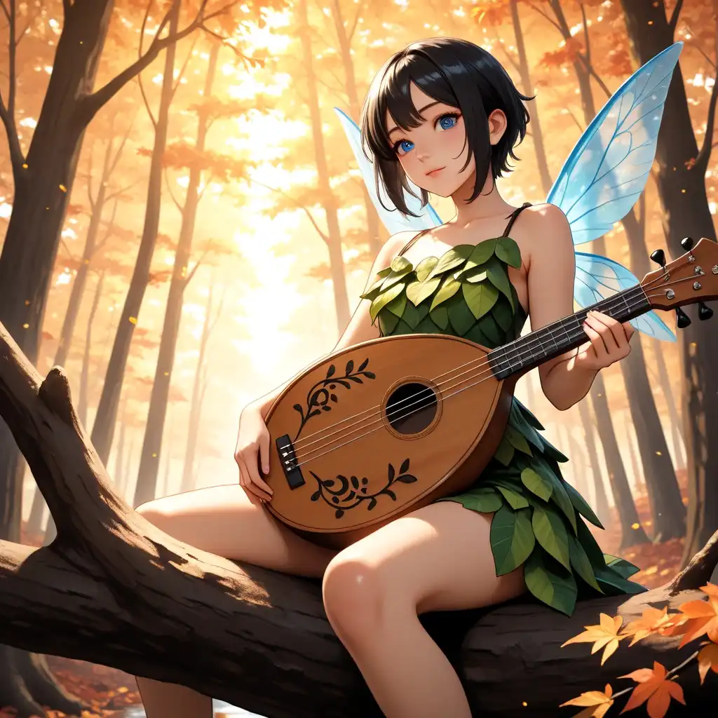 Illustrious iLustMix image: a tiny pixie, black hair, blue eyes, pearlescent wings, simple 'leaf' dress, BREAK sat on a tree branch, playing a lute …