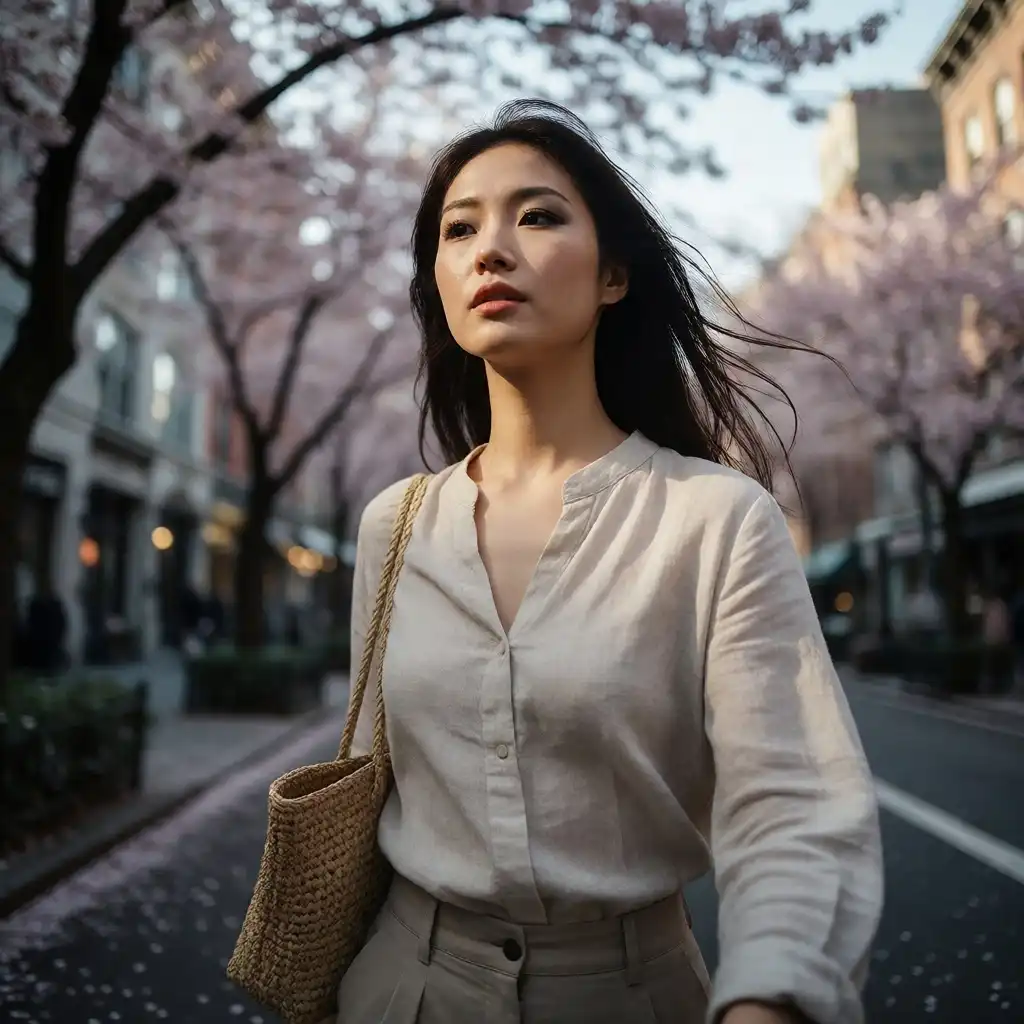 RedCraft Krea 2 image: A young Asian woman in her late 20s, walking confidently down a sun-dappled urban street lined with blooming sakura tree…