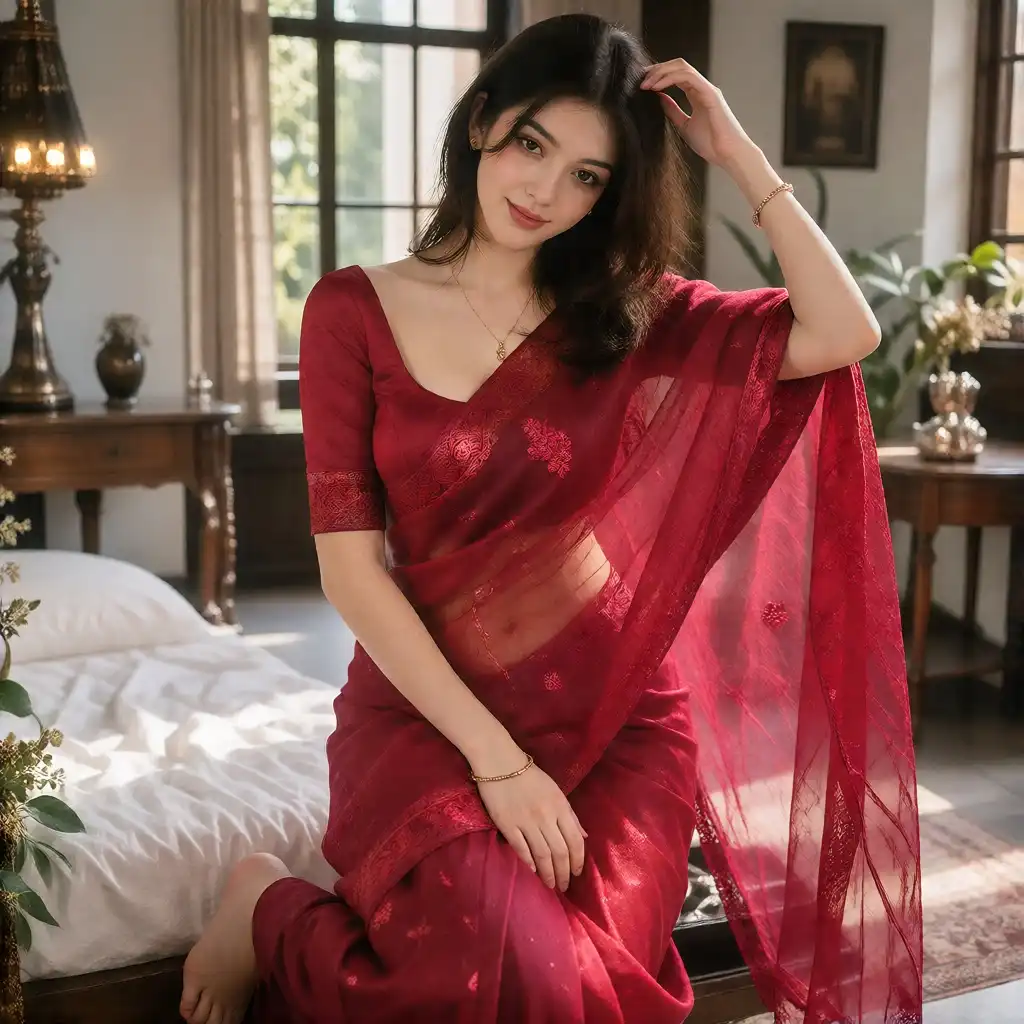 RedCraft Krea 2 DUAL image: Create an image captures a young woman posing indoors while wearing an elegant red cotton net silk saree. She is positio…