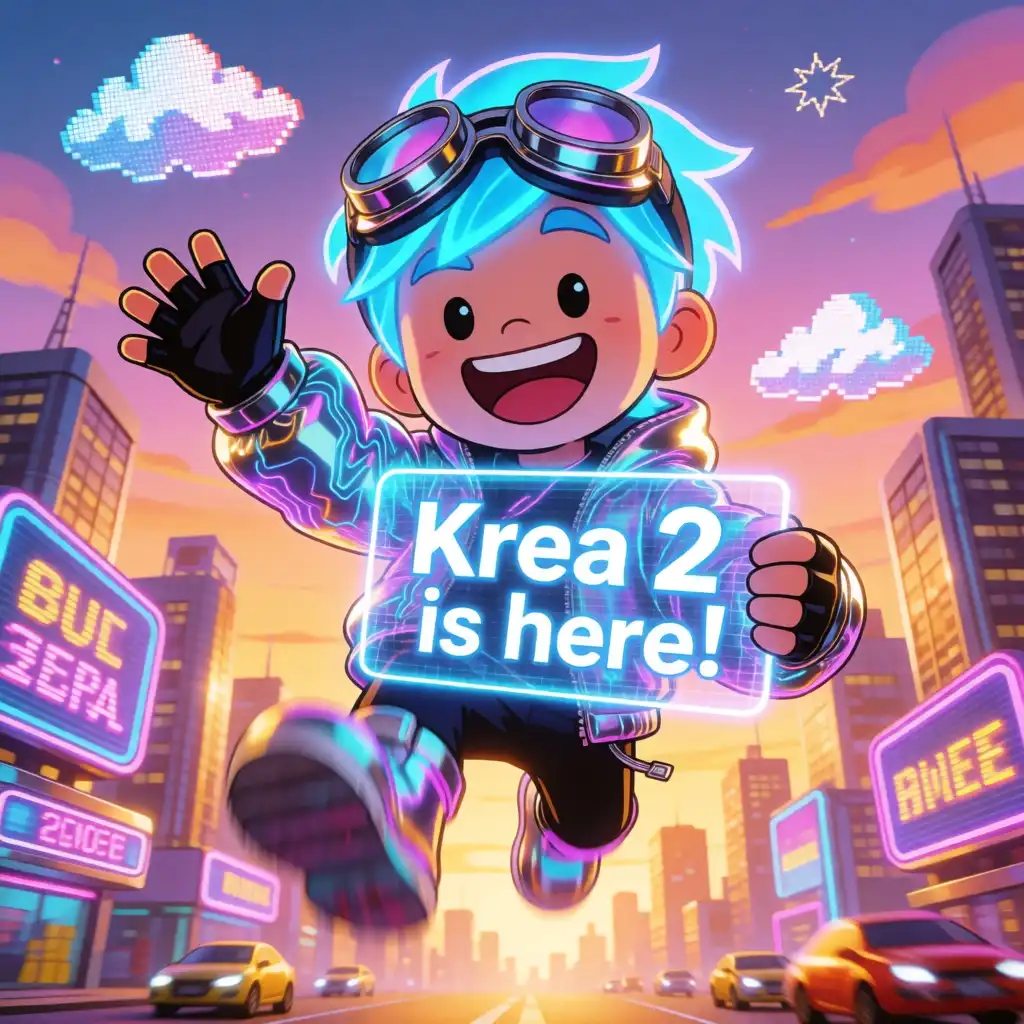 Krea 2 Turbo image: A cheerful, animated character with bright neon-blue hair and oversized goggles pops into frame mid-air, waving one hand…