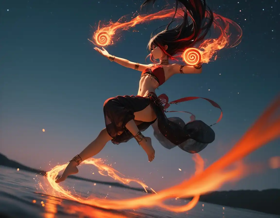 Duel_ILL_AniReal image: Athletic girl with a lithe, dancer's build, barefoot, upright and airborne, floating over dark water, dynamic dancers po…