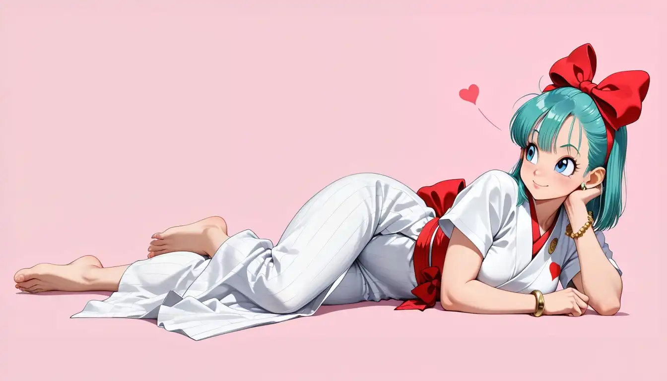 SteinCustom image: Bulma, neutral background, sexy, heart, tan, jewels, japan costume, feet, lying down