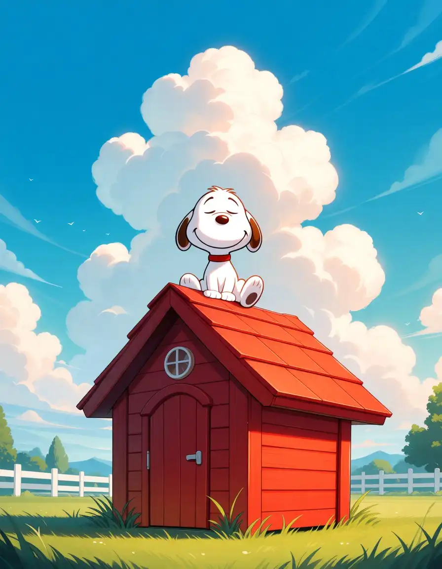 Nova Anime AM image: Snoopy from Peanuts, cartoon style, highly detailed. Happy white beagle sitting on top of his red doghouse, ears perked …