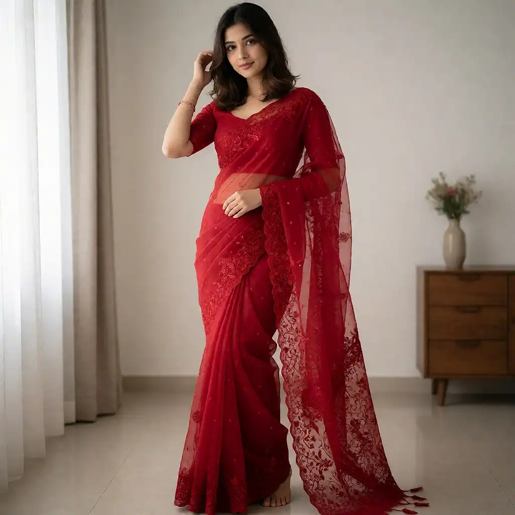 ULTRA image: Create an image captures a young woman posing indoors while wearing an elegant red cotton net silk saree. She is positio…