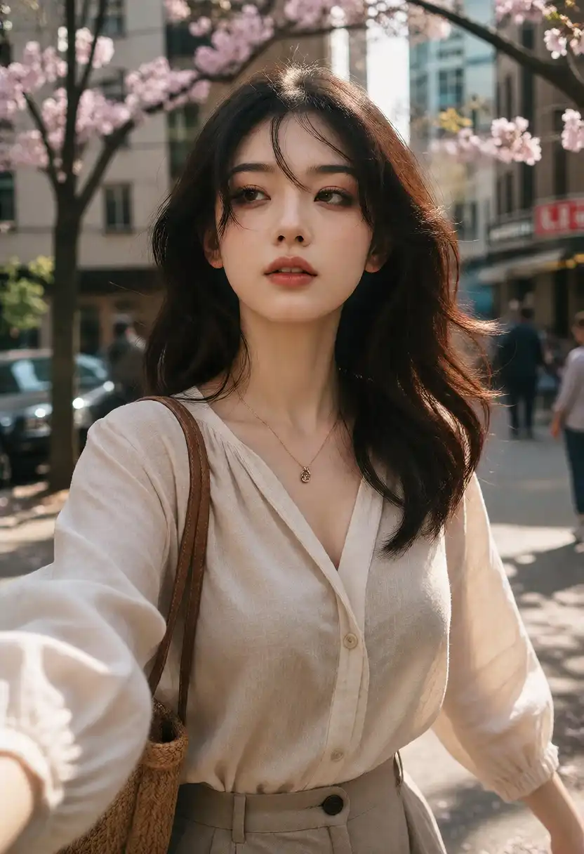 RedCraft Krea 2 DUAL image: A young Asian woman in her late 20s, walking confidently down a sun-dappled urban street lined with blooming sakura tree…