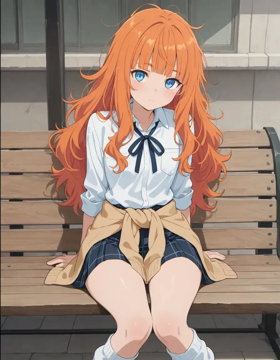 Unholy Desire Mix - Sinister Aesthetic image: 1girl, petite, blue eyes, orange hair, long hair, messy hair, blunt bangs, wide hips, collared shirt, cardigan around wa…