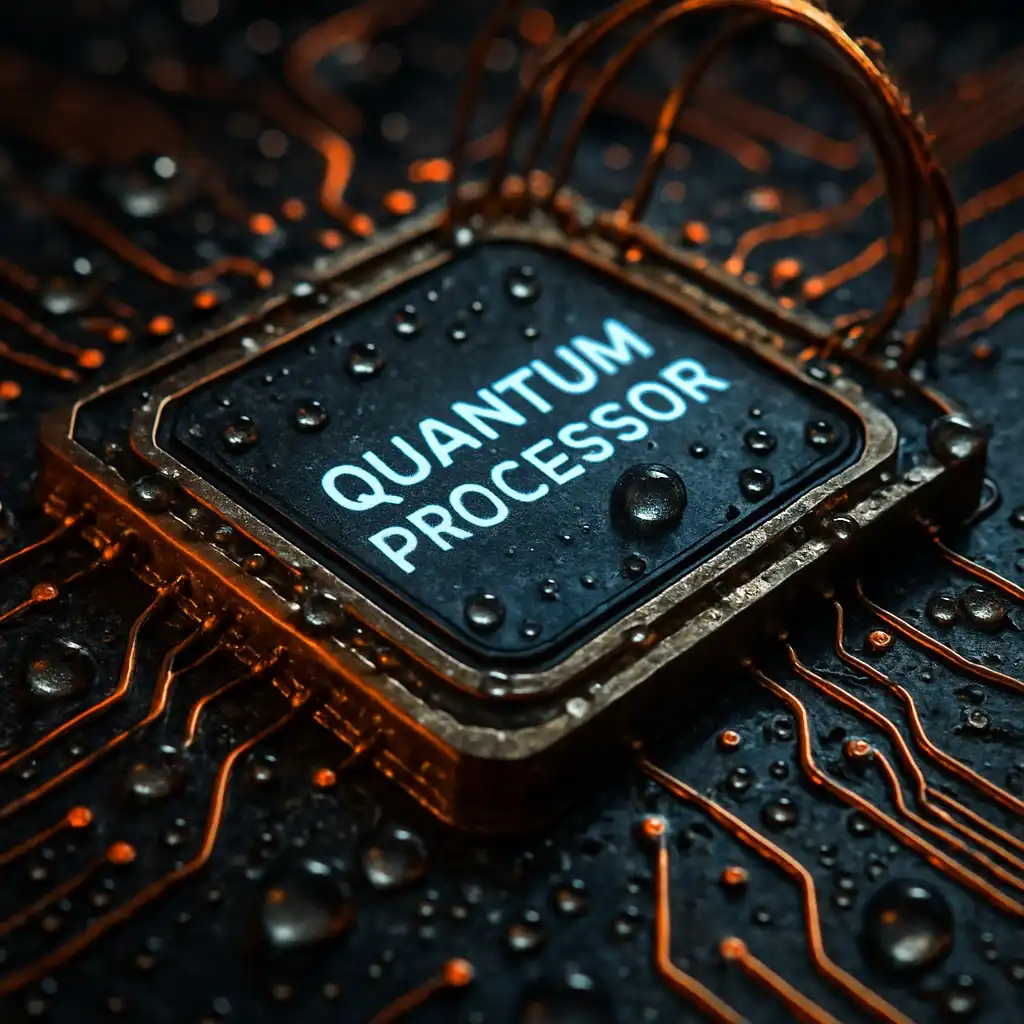 GPT Image-1 image: Hyper-realistic close-up of a futuristic quantum processor, glowing neon circuits, microscopic liquid cooling droplets, …