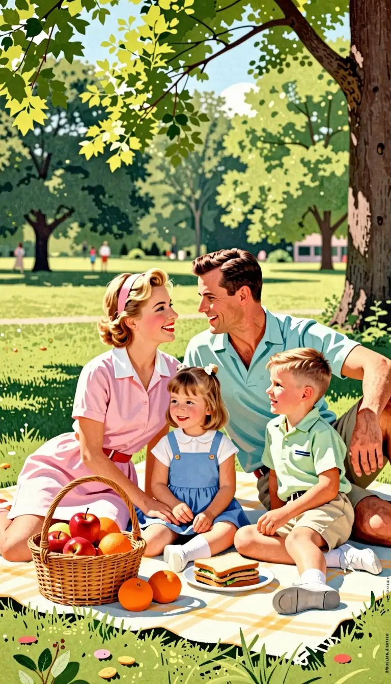 CyberRealistic Z-Image Turbo image: Vintage 1950s magazine advertisement illustration, a happy family having a picnic in the park, smiling parents and two c…