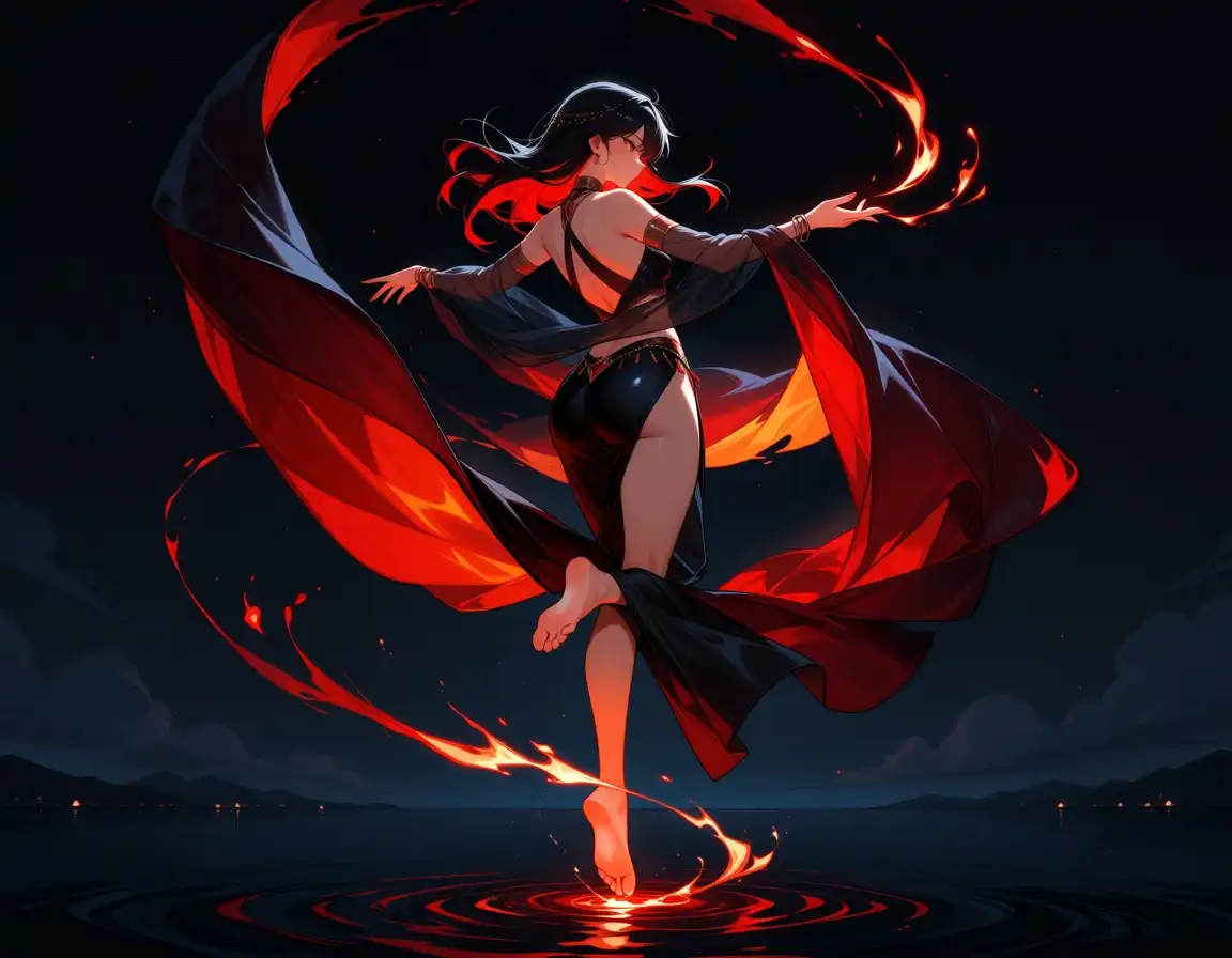 Nova Anime AM image: Athletic girl with a lithe, dancer's build, barefoot, upright and airborne, floating over dark water, one leg bent, Bill…