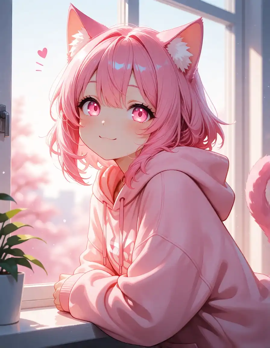 See-Krea2 image: A cheerful cat girl with short, vibrant pink hair and glowing pink eyes, wearing a cozy oversized hoodie that drapes loo…