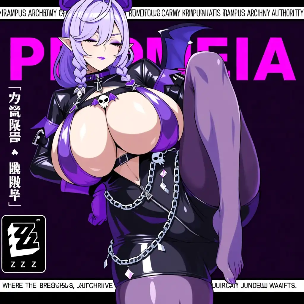AnimaYume image: Highly detailed anime-style illustration of Promeia from Zenless Zone Zero, a tall, extremely voluptuous woman with pale…