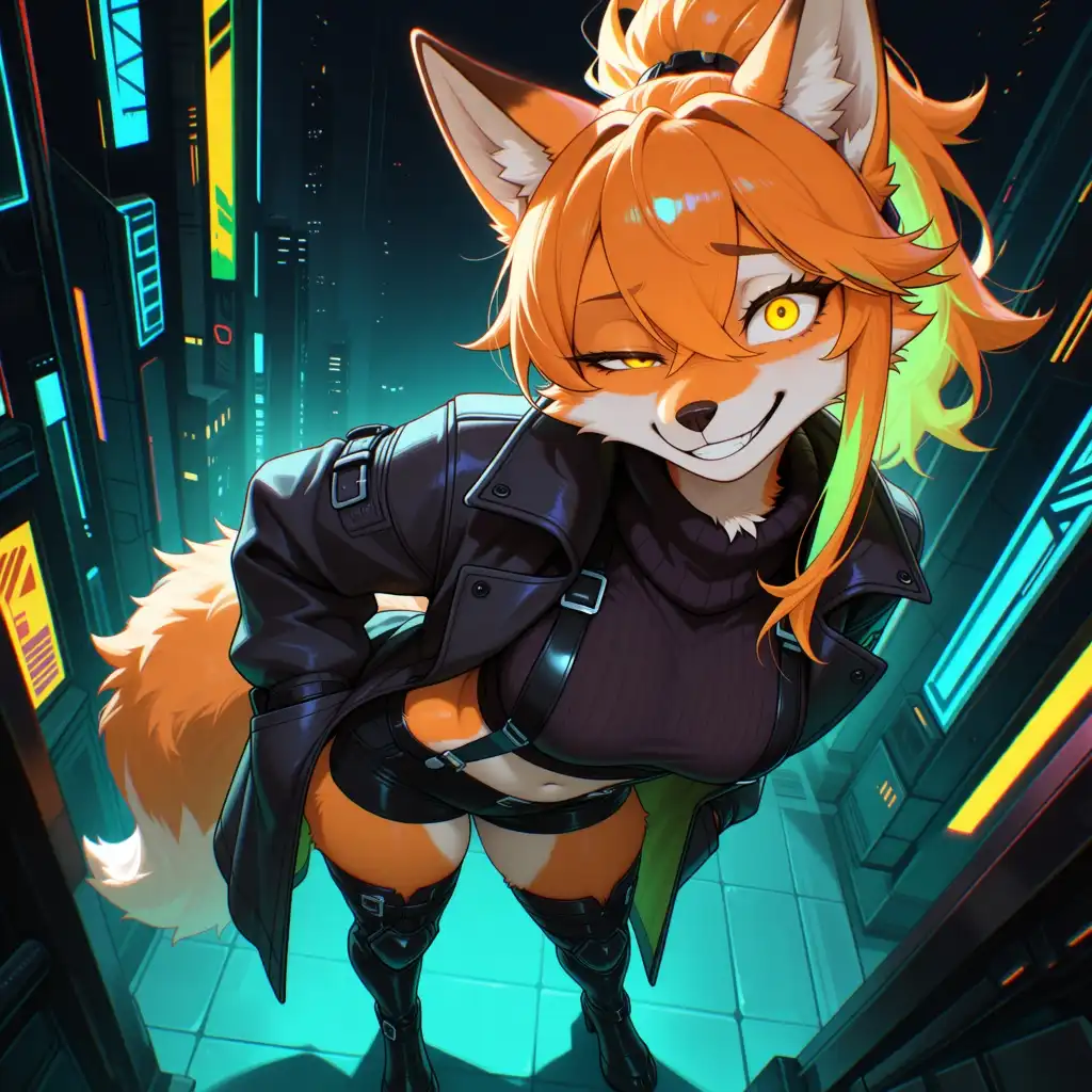Nova Furry AM image: 1girl, solo, (furry, anthro, canine:1.2), orange fox girl, multicolored hair, (rainbow hair:1.2), glowing hair, long hai…